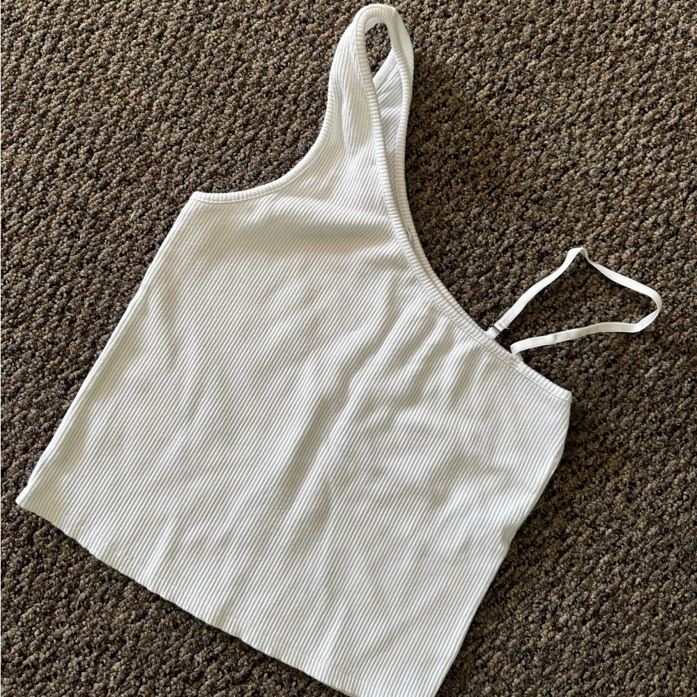 White Ribbed Asymmetrical Strap Top